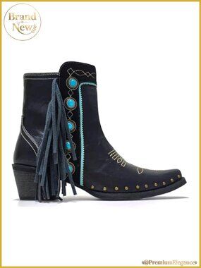 Western Fringe Ankle Booties Studded Turquoise Stones Cowboy Boots